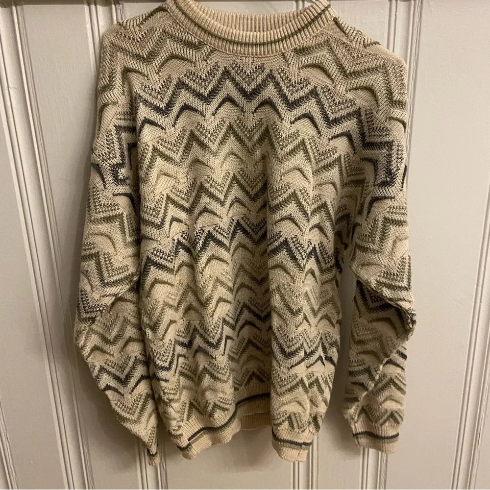 Vintage Y2K Jantzen Natural Tones Art Geometric Print Crewneck Sweater Retro